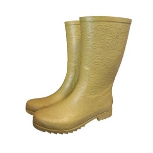 UGG Green Yellow Wilshire Logo Embossed Rubber Rain Boots